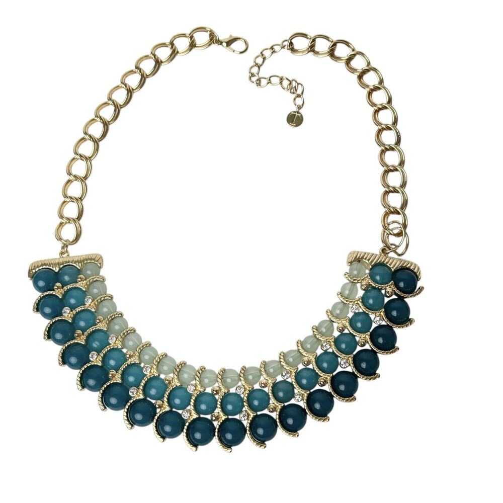 Talbots Bib Necklace Beaded Blue Green Small Rhinestone Accents Gold Tone Chain